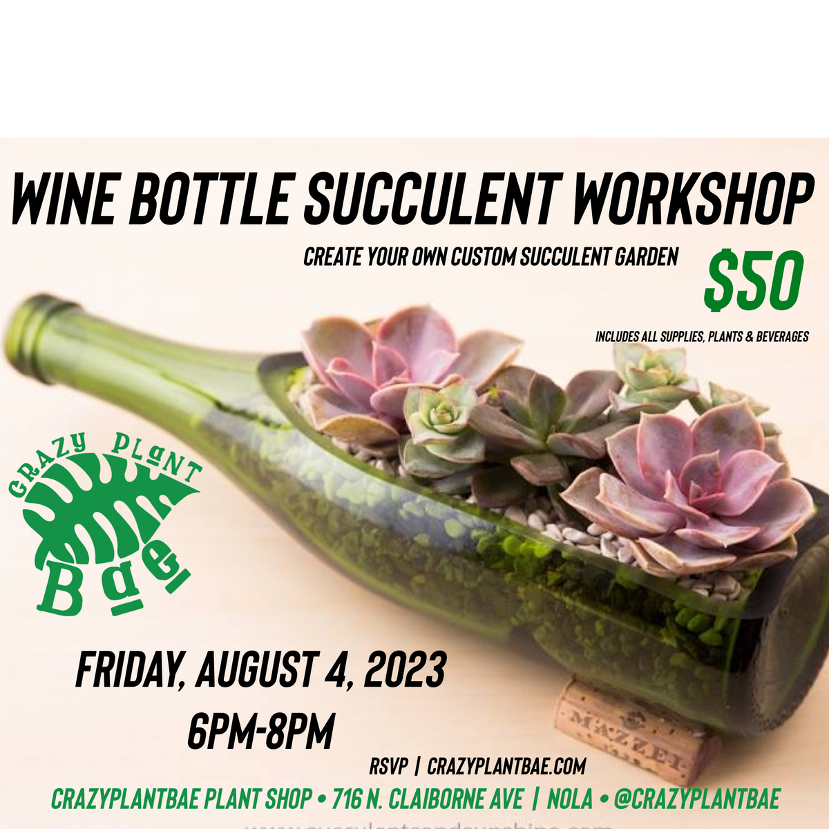 wine bottle succulent Plant & Sip